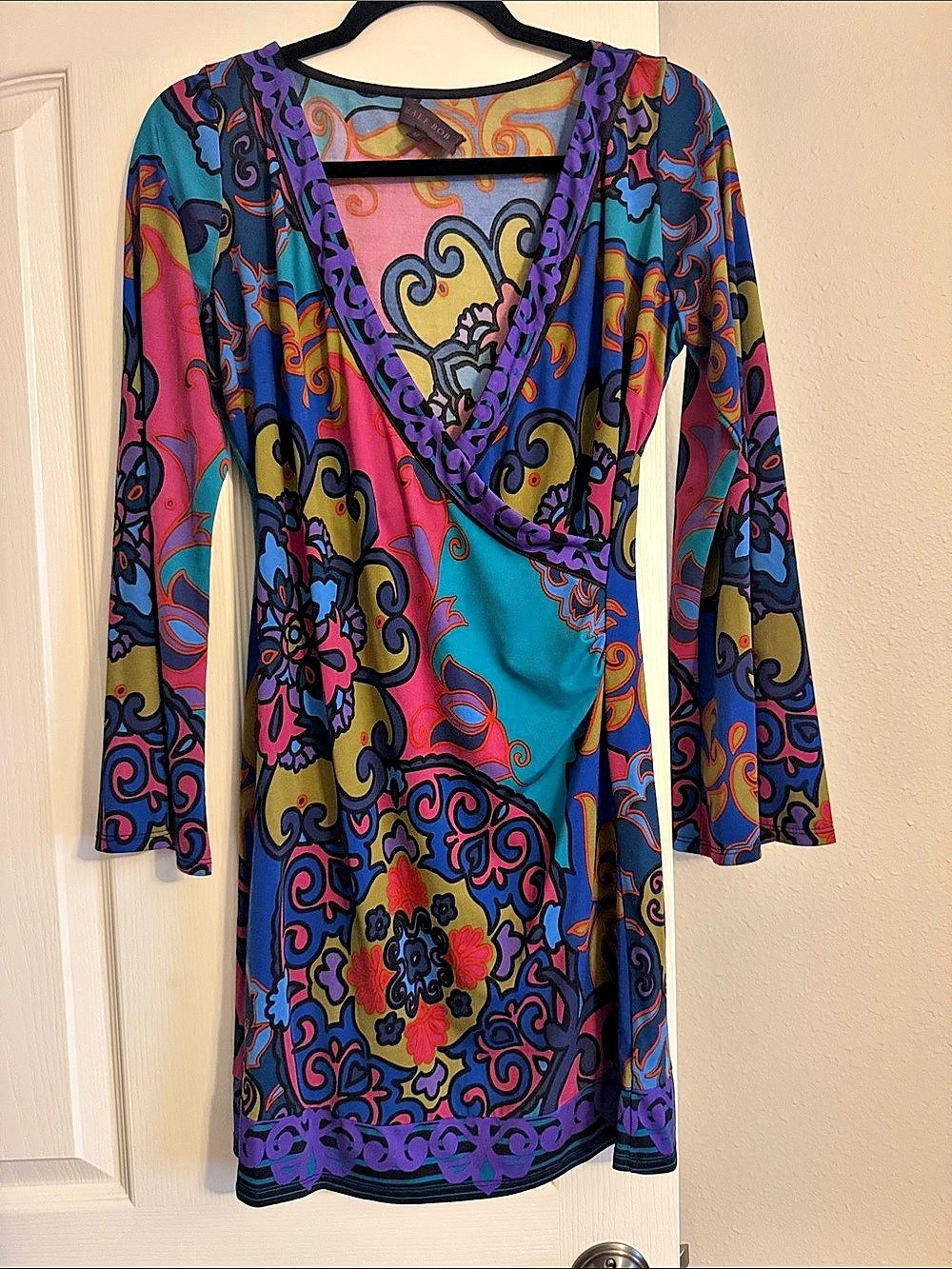Paisley Wrap Mini Dress in Blue & Pink Like New